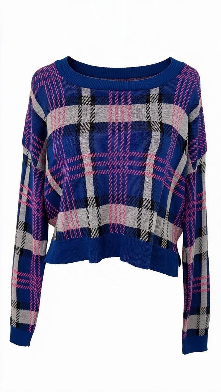 Say What? Women Multicolor Long Sleeves Plaid Knit Cropped Sweater Size L